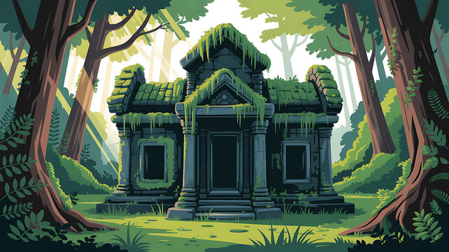 Ancient stone temple overgrown with moss in a sunlit forest ancient ruins stone building
