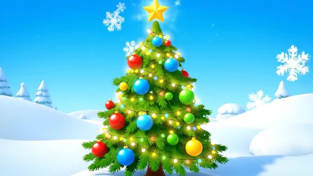 Cartoon Christmas Tree in Winter Landscape - This video features a cartoon-style Christmas tree decorated with colorful ornaments, a star topper, and string lights, set against a bright blue sky and