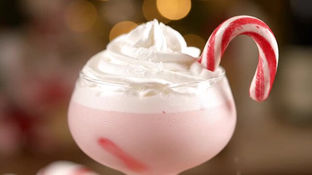 Festive Peppermint Cocktail - A close-up studio shot of a pink peppermint cocktail drink in a stemmed glass. The drink is topped with whipped cream and garnished with a candy cane.