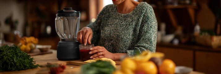 A woman focuses on preparing a smoothie in a modern kitchen filled with fresh fruits, embodying the spirit of healthy living and the joy of cooking nutritious meals.