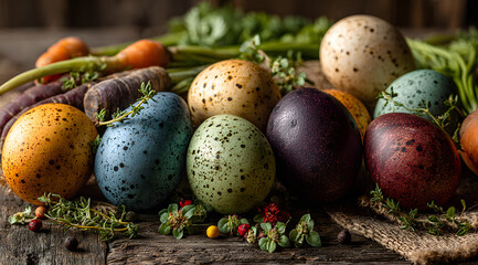 Obraz premium Naturally Dyed Eggs with Fresh Vegetables and Herbs