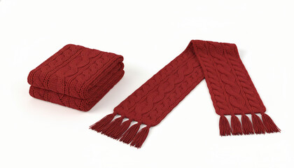 Blank red knitted scarf folded and unfolded mockup set, isolated, 3d rendering. Empty christmas apparel mock up. Clear soft handmade neckerchief template.