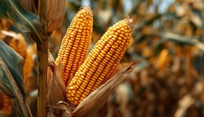Organic Corn Field With Ripe Yellow Corn Cobs Ready For Harvesting - A Combination Of Food And Plant Elements In Nature.