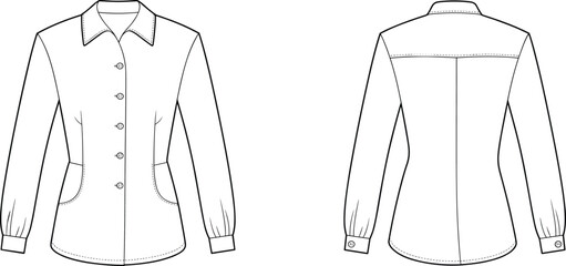 Button-up shirt technical sketch, front and back view, pointed collar, curved patch pockets, shaping seams, fashion flat, garment construction, vector illustration