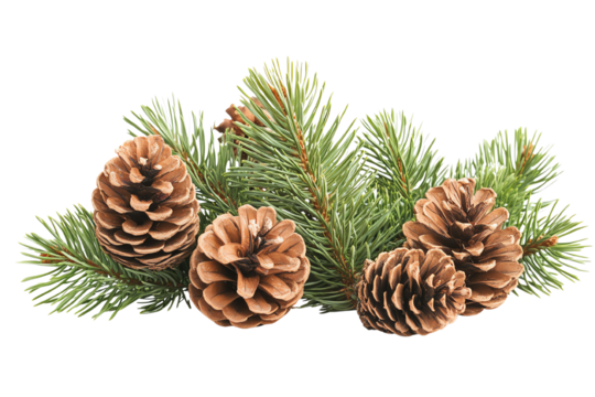 Pine cones and greenery arranged beautifully, perfect for seasonal decor and nature themes, on a white isolated background.