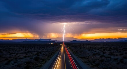 Dramatic thunderstorm with a powerful lightning bolt. Long exposure traffic light trails on a remote highway. Natural energy and raw power concept. Business metaphor for disruption and risk