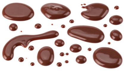 Chocolate sauce drops and streaks creating a sweet abstract background on a clean white surface