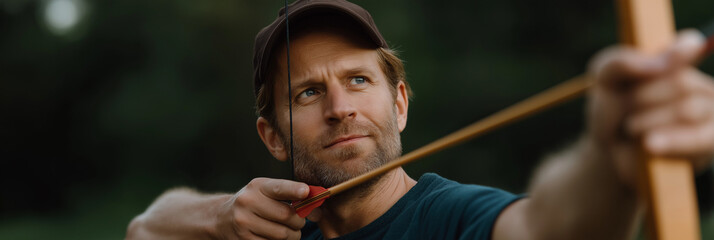 A focused archer aims an arrow with precision, capturing intensity and determination in a tranquil outdoor setting, reflecting the spirit of archery and skillful sport.
