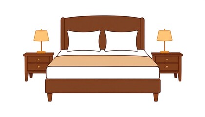 Cartoon depiction of a bedroom set bed, nightstands, lamps