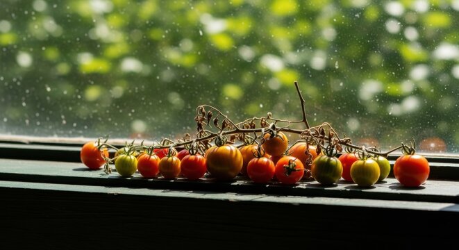 Fresh cherry tomatoes on the vine ripening on a windowsill. Organic garden harvest with natural sunlight. Rustic still life for healthy eating and farm to table concepts