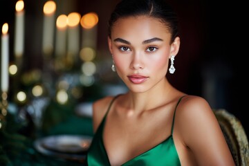 Elegant woman in emerald green satin gown with sleek hairstyle, adorned with sparkling earrings, poses gracefully at a beautifully set table with candles, exuding sophistication and charm