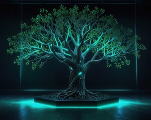 Green Digital Circuit Tree With Neon Holographic Roots with Dark Metallic Background