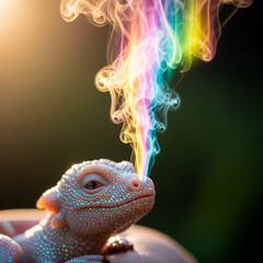 Lizard with rainbow smoke in vibrant fantasy outdoor scene