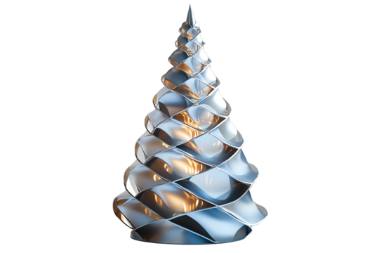 Stylish metallic Christmas tree design perfect for modern holiday decor, featuring spiral layers and warm glowing lights. - Powered by Adobe