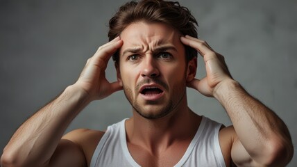Studio Portrait of Distressed Young Adult Man Holding His Head in Frustration, Anger and Pain