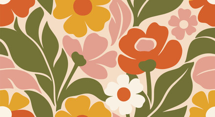 Seamless retro floral wallpaper with bold flowers and organic leaves in warm earthy tones. Flat vector shapes with solid colors and no gradients, ideal for textile prints and interior surface design