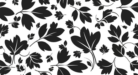 Minimal flat wallpaper featuring simplified botanical shapes and abstract curved florals in monochrome tones. Solid colors only, no gradients, seamless repeat suitable for elegant surface patterns