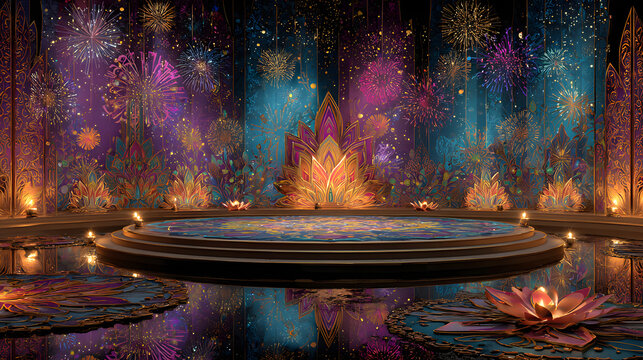 Banner design for diwali festival and podium,Diwali light decoration candle with fireworks,Stage,Product display Showcase design sparkle background,Deepavali,Dipavali,3D podium illustration.