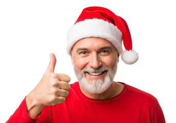 Portrait of a positive elderly man in a Santa Claus hat showing a sign of success.