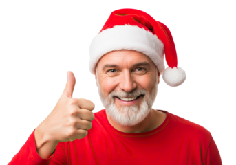 Portrait of a positive elderly man in a Santa Claus hat showing a sign of success.