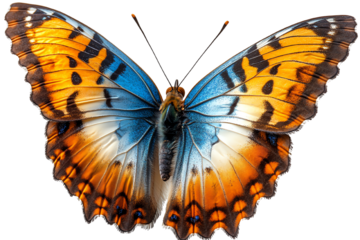Vibrant butterfly with striking orange and blue wings isolated on a white background.