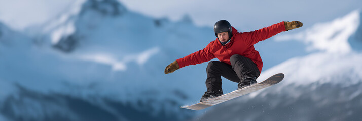 An adventurous snowboarder executing acrobatic tricks against the backdrop of majestic snow-covered mountains, embodying exhilaration, sport, and winter thrill.