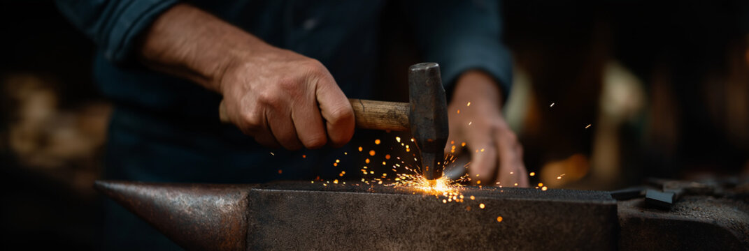 A skilled craftsman using a hammer to forge metal sparks in an old workshop, showcasing traditional craftsmanship, dedication, and the artistry of metalwork.