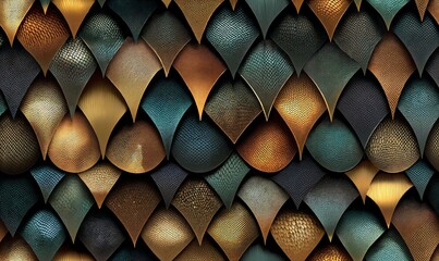 Intricate Metallic Scales Pattern in Earthy Tones with Teal and Gold Highlights
