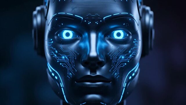 Futuristic Robot Face Close-Up - This video shows a close-up of a robot's face, featuring glowing blue eyes and circuit patterns on the face.