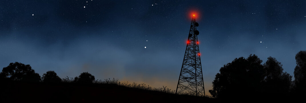A striking silhouette of a communication tower stands against a starry night sky, symbolizing connectivity and technology's role in modern communication and information sharing.