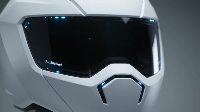 Futuristic AI Helmet Close-Up - This close-up shot showcases a sleek, white, AI-enabled helmet with a dark visor and subtle blue lighting accents.