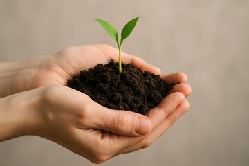 Hands Holding Burned Soil with New Sprout