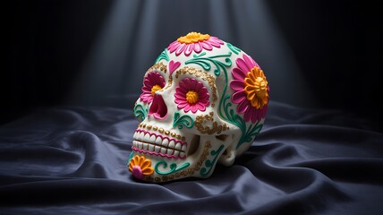 A vibrantly decorated sugar skull with intricate floral patterns, symbolizing day of the dead traditions