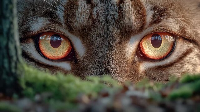 Intense gaze of a wildcat, golden eyes peering through the undergrowth, capturing raw primal instinct and natural beauty in a dynamic wildlife scene