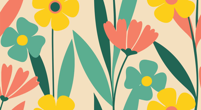 Repeating wallpaper of rounded petals and small scattered leaves, minimal structure with full visual coverage. Solid flat retro colors, seamless pattern ideal for fabric and stationery products