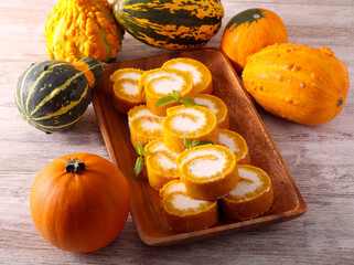 Homemade pumpkin roll with cream cheese