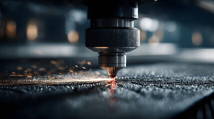 Closeup of a laser head positioned over a metal plate emitting a focused beam that creates a series of intricate patterns across the surface highlighting the advanced technology used