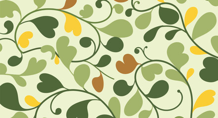 Stylized mid-century floral shapes complemented by simplified leaf. Solid flat vector colors, seamless repeat ideal for wallpapers, product packaging, and home decor surfaces