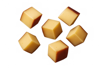 Smoked cheese cubes falling, preparing appetizer snacks or ingredients for cooking, with transparent background