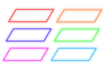 Slanted line neon light text box frame, button, set of colorful shaped object elements isolated on white background