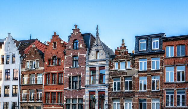Typical Flemish architecture, a traditional stepped gable on a 17c house in Antwerp, Belgium