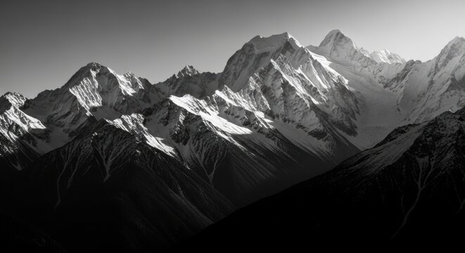 Dramatic mountain range with snow covered peaks. High contrast black and white landscape. Natural scenery for business concepts. Leadership success and ambition metaphor. Reaching the summit