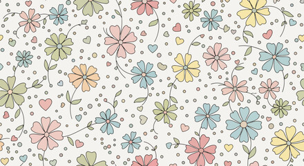 Seamless kawaii floral wallpaper featuring chubby flowers, rounded petals, tiny sparkles and playful leaves in pastel flat solid colors. Cute repeating botanical pattern, ideal for children and statio
