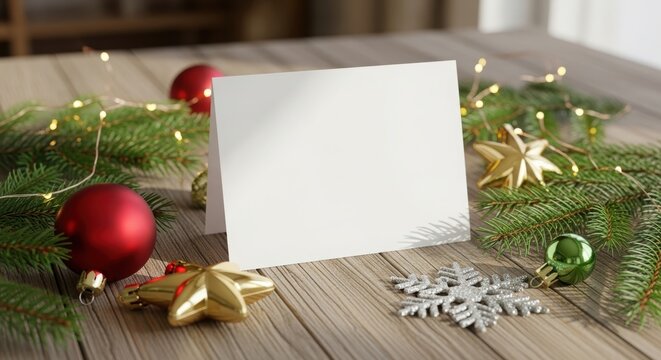 White blank greeting card for Christmas, New Year, or Winter holiday celebration. Mockup of invitation or congratulation on wooden table with festive decoration.