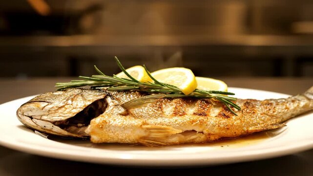 Grilled Sea Bream with Lemon and Rosemary - A golden-brown grilled sea bream is presented on a white plate, garnished with fresh rosemary sprigs and lemon wedges.