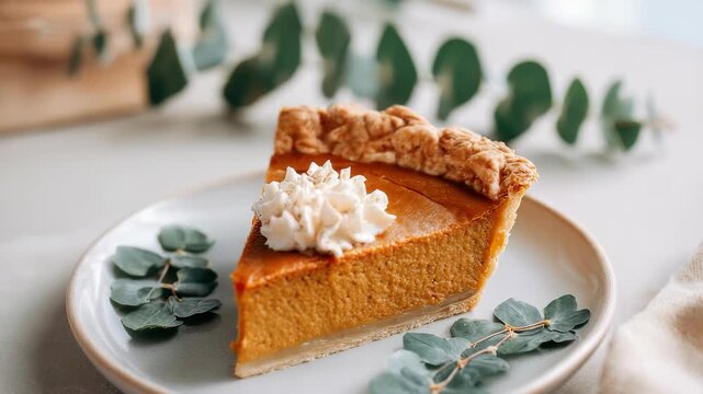 Close up classic pumpkin pie slice garnished with whipped cream, highlighting its creamy texture, golden crust. Ideal for Thanksgiving, fall parties, seasonal food photography inspiration