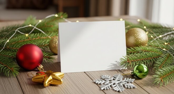 Blank white card surrounded by fir branches, Christmas ornaments, and fairy lights on a wooden table for holiday greeting card design. - Powered by Adobe