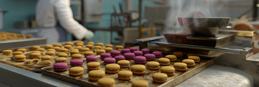 A colorful array of macarons, both purple and golden, arranged neatly in a bakery, symbolizing the artistry and precision involved in pastry making and baking delights.