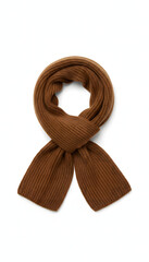 Brown colored, knitted scarf draped against a white backdrop