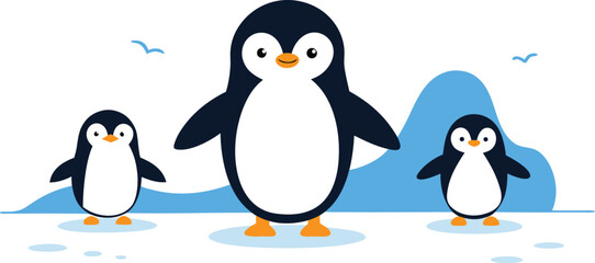 Three adorable cartoon penguins standing together on an icy landscape with icebergs and birds in the background